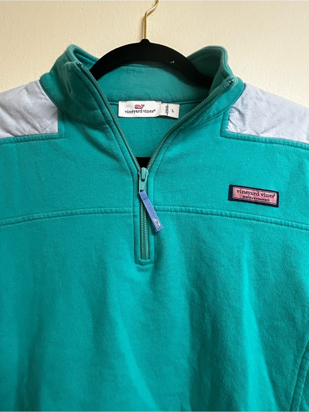 Vineyard Vines Teal Half-Zip Pullover with Light Gray Shoulder Panels